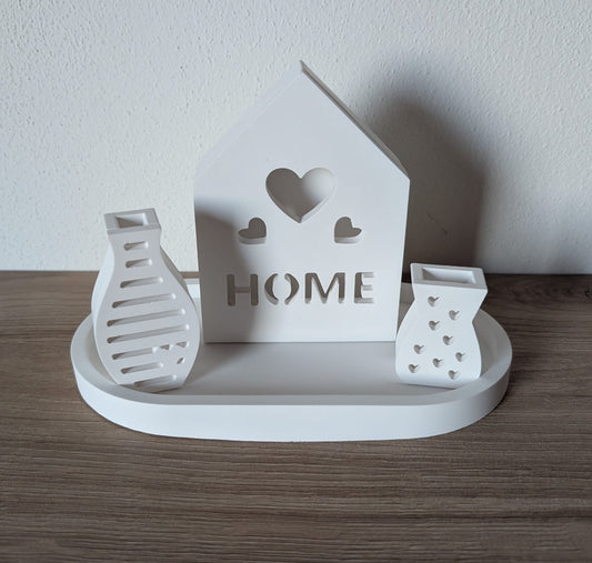 Set arredo con vassoio ovale, casetta "HOME" e piccoli vasi